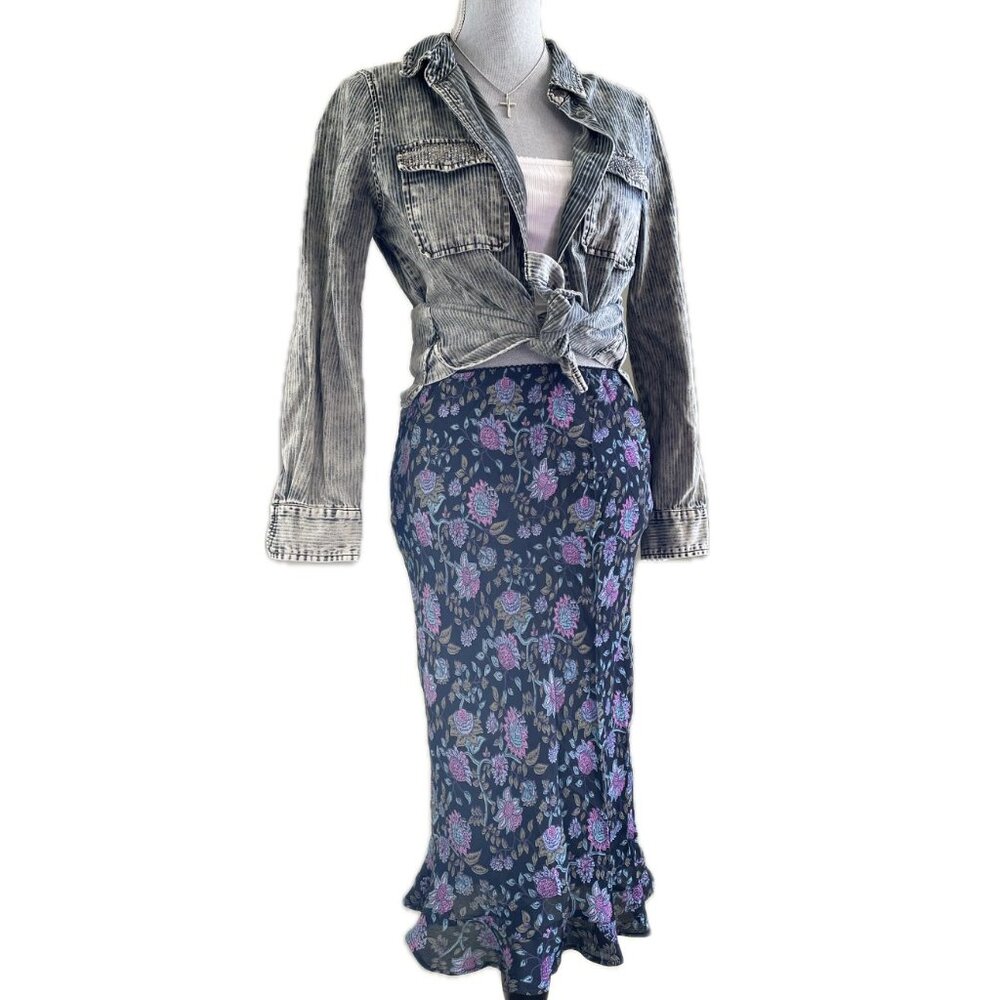 Velvet Heart Y2k Denim Rhinestone Distressed Button Down Top Size Medium